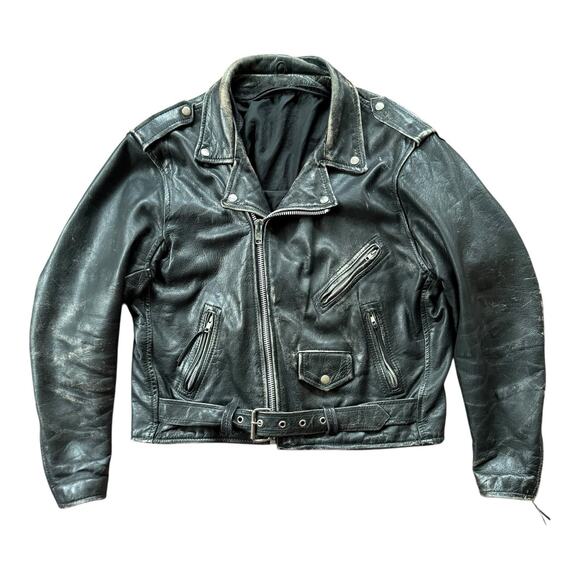 Vintage Perfectly Worn Black Leather Belted Motorcycle Jacket Men’s Large - Picture 2 of 10